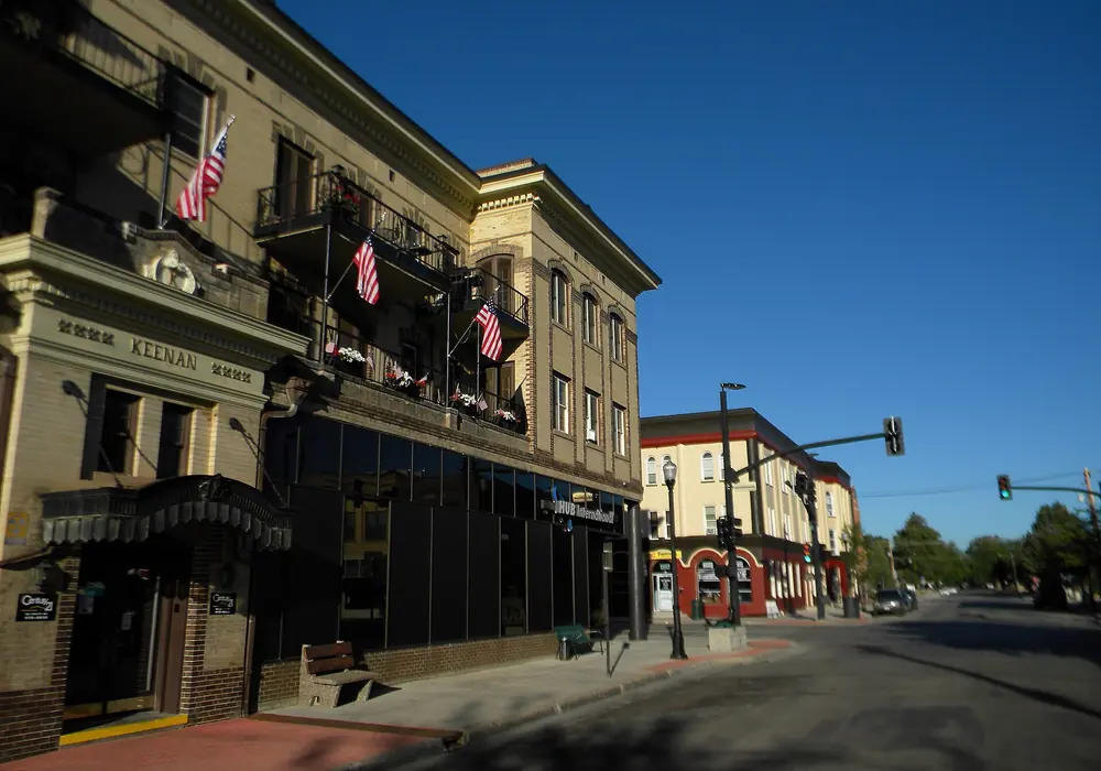 Historic main street in Sheridan, Wyoming on a clear day.