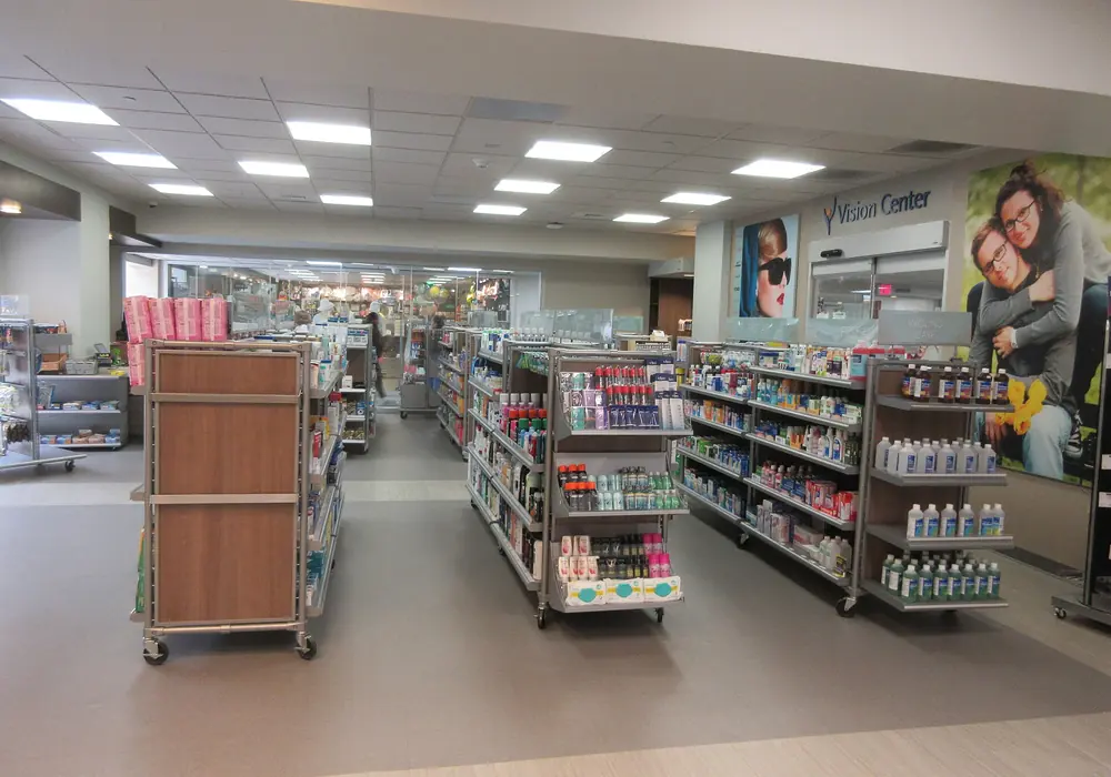 Interior aisle of an American pharmacy with personal care products on both sides.