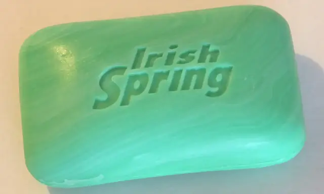 Bar of Irish Spring soap with the brand name embossed into the surface.